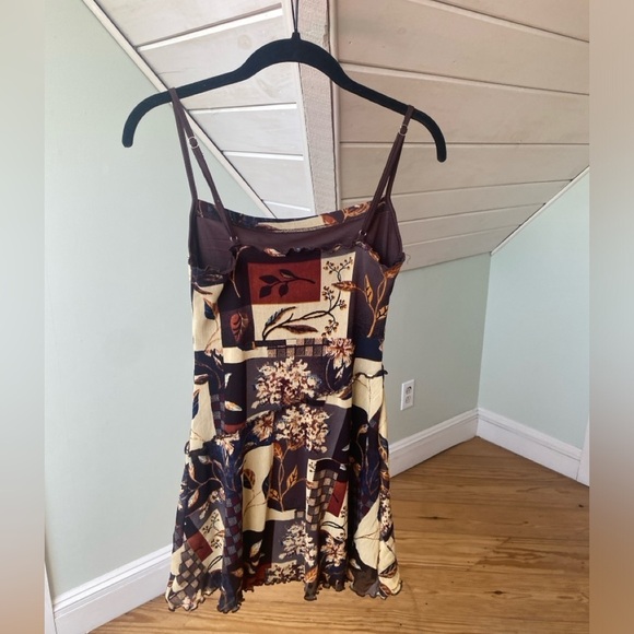 Mini Dress Womens Small Brown Floral Mesh Lined Stretch Strappy Ruffle Cider - Picture 6 of 9
